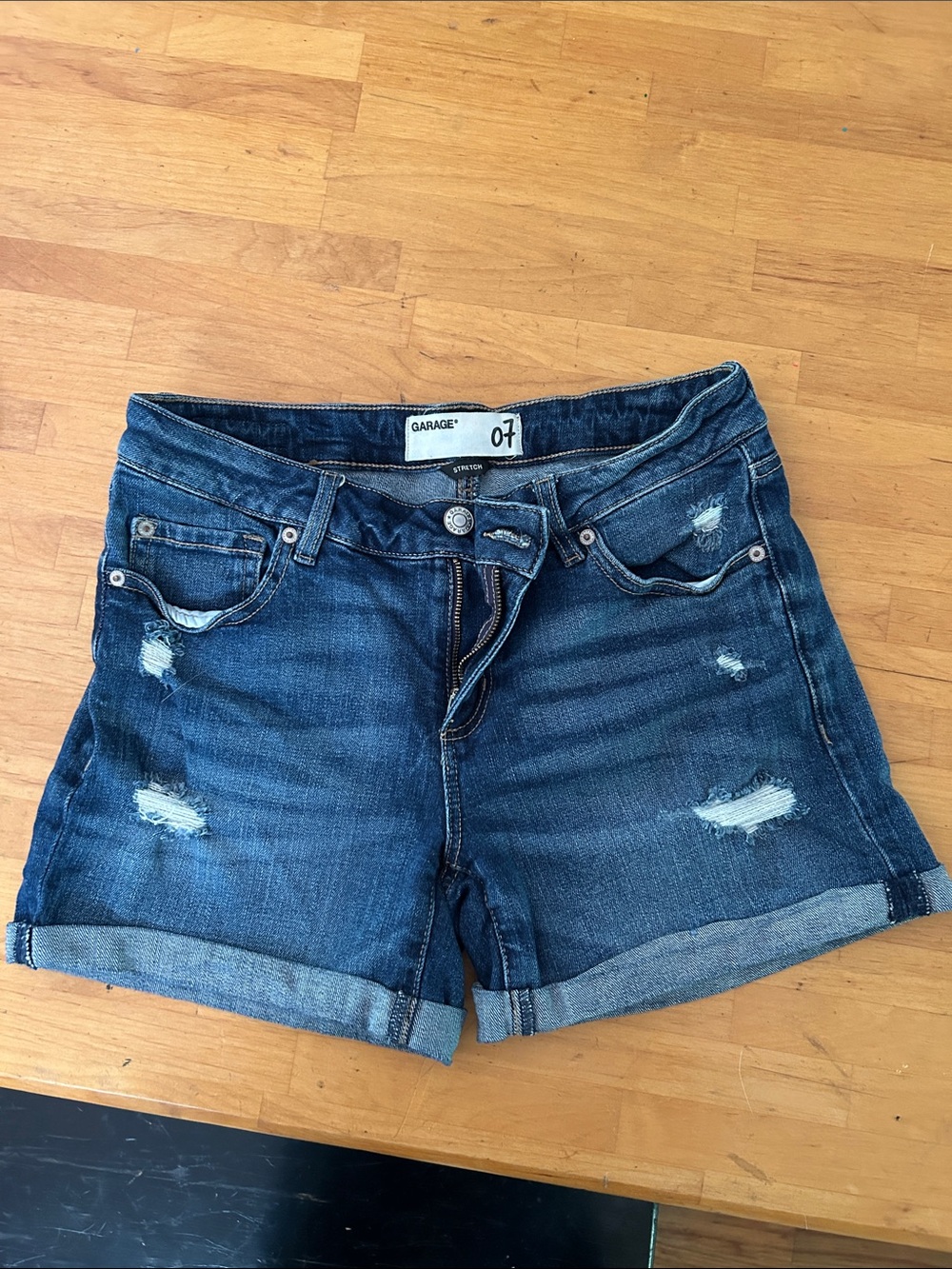 Garage Rolled Hem Distressed Blue Denim Shorts